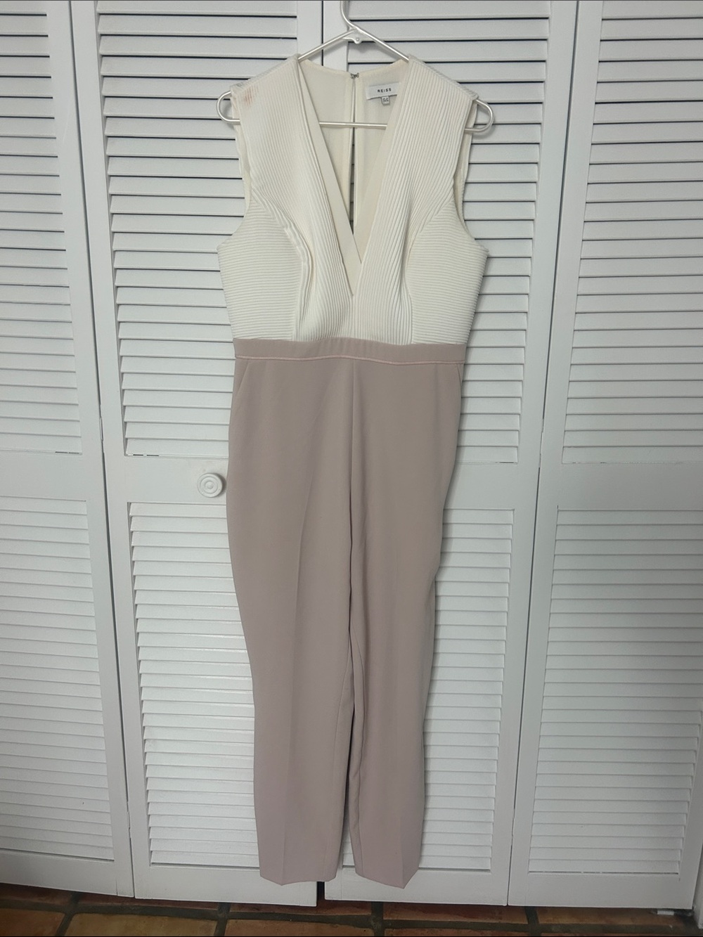 Reiss Cream and Taupe Sleeveless V-Neck Jumpsuit